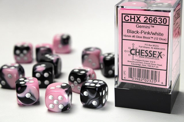 Chessex 16mm D6 Dice Block Gemini Black-Pink/White (12 dice)