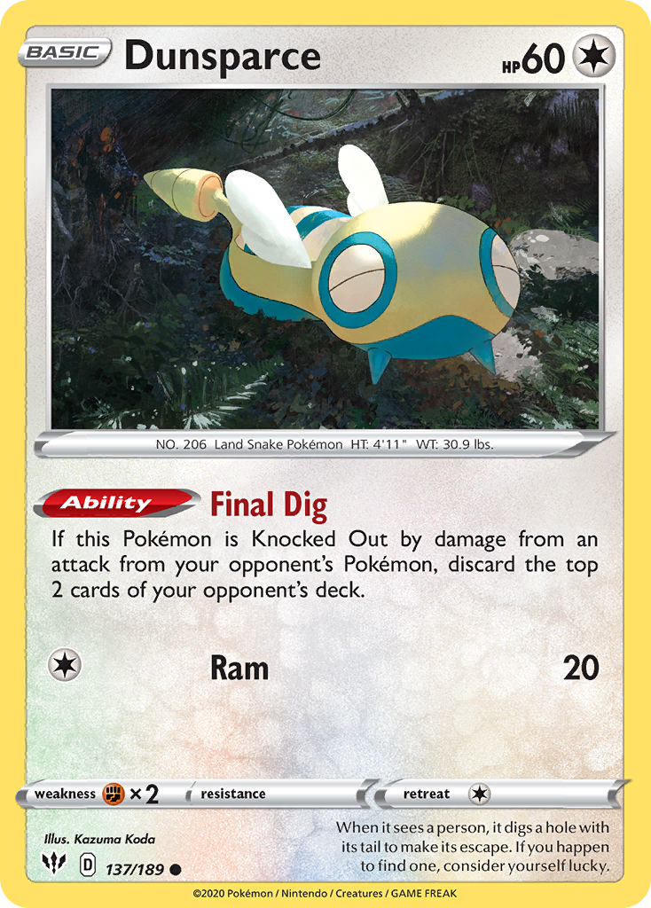 Dunsparce 137/189 Common Reverse Holo Darkness Ablaze NM/LP
