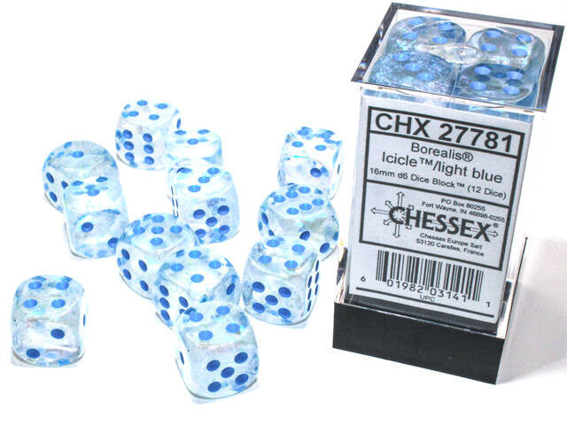 Chessex 16mm D6 Dice Block Borealis Icicle/Light Blue (Luminary Effect) (12 dice)