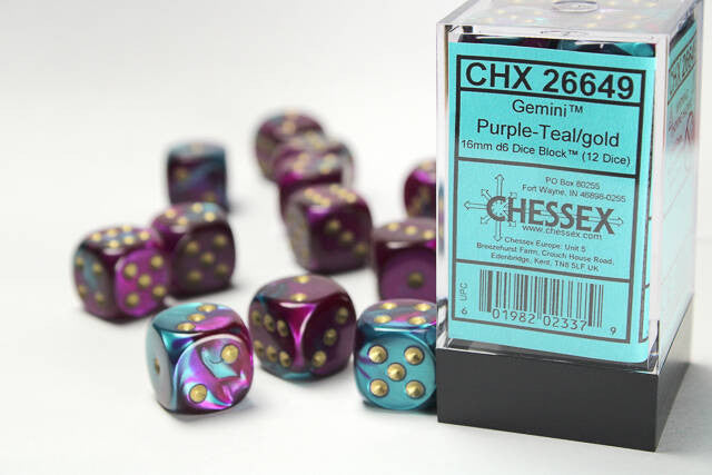 Chessex 16mm D6 Dice Block Gemini Purple-Teal/Gold (12 dice)