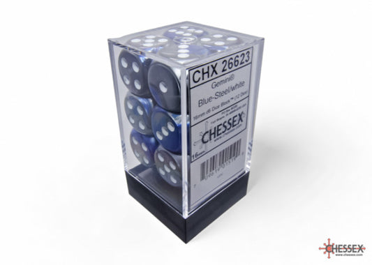 Chessex Gemini 16mm D6 Blue-Steel/White Dice Block (12 dice)