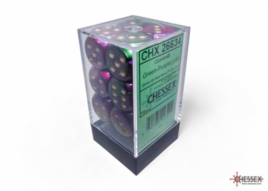 Chessex Gemini 16mm D6 Green-Purple/Gold Dice Block (12 dice)