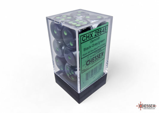 Chessex Gemini 16mm D6 Black-Grey/Green Dice Block (12 dice)