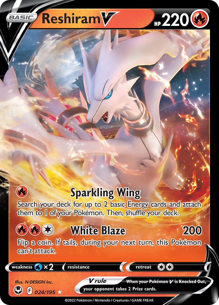 Reshiram V 024/195 V Rare Silver Tempest Holo NM/M