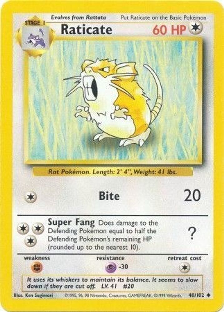 Raticate 40/102 Uncommon Base Set Unlimited NM/M