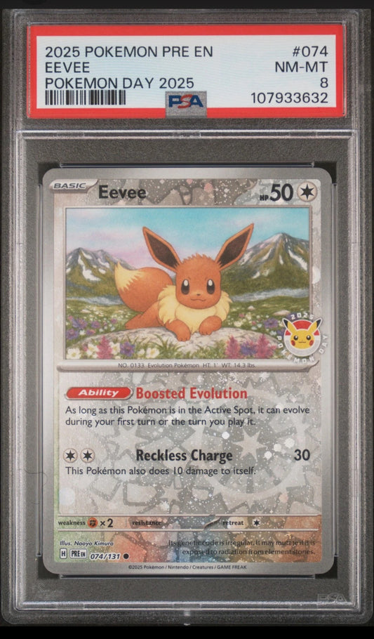 PSA 8 2025 POKEMON PRE EN-PRISMATIC EVOLUTIONS POKEMON DAY 2025 #074 EEVEE