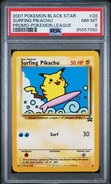 PSA 8 2001 POKEMON PROMO BLACK STAR #28 SURFING PIKACHU PROMO-POKEMON LEAGUE