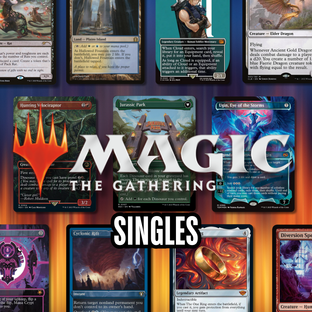 Magic: The Gathering singles including staples, rares, mythics, and foils at Raptor Games Brisbane