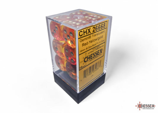 Chessex Gemini 16mm D6 Translucent Red-Yellow/Gold Dice Block (12 dice)