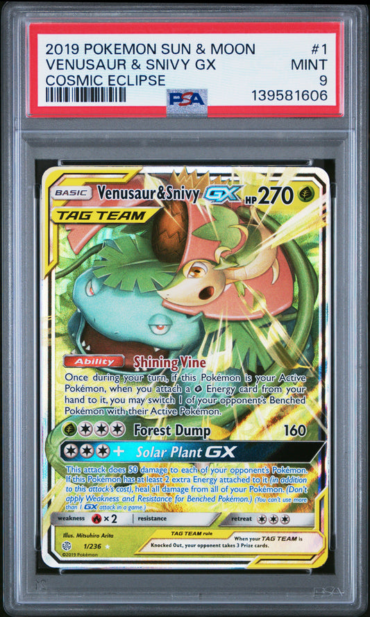 PSA 9 2019 POKEMON SUN & MOON COSMIC ECLIPSE #1 VENUSAUR & SNIVY GX COSMIC ECLIPSE 139581606