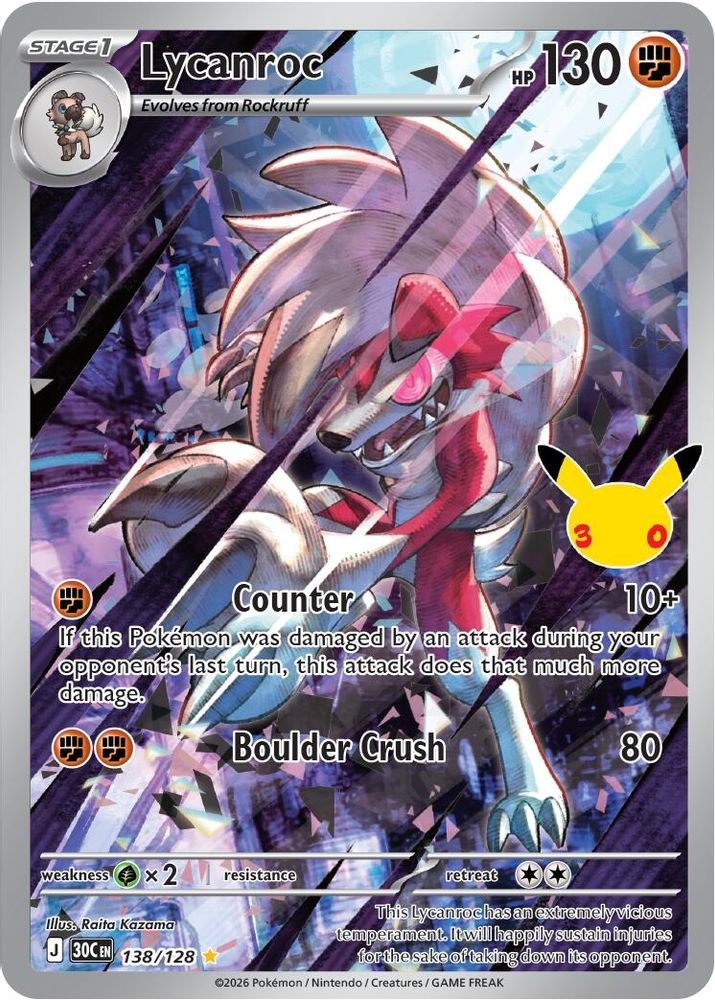 Lycanroc 138/128 Illustration Rare ME: 30th Celebration Holo NM/M