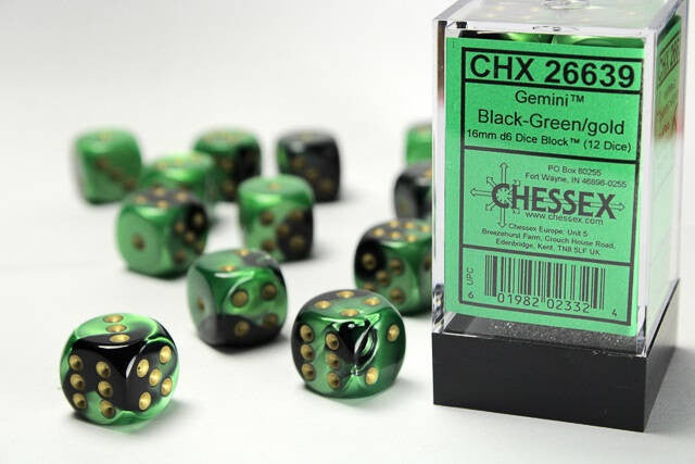 Chessex 16mm D6 Dice Block Gemini Black-Green/Gold (12 dice)