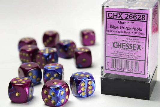 Chessex 16mm D6 Dice Block Gemini Blue-Purple/Gold (12 Dice)
