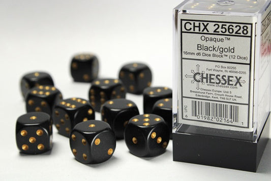 Chessex 16mm D6 Dice Block Opaque Black/Gold (12 Dice)