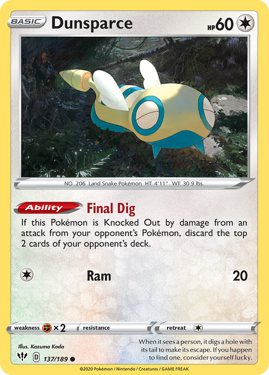 Dunsparce 137/189 Common Reverse Holo Darkness Ablaze NM/LP
