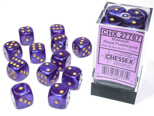 Chessex 16mm D6 Dice Block Borealis Royal Purple/Gold (Luminary Effect) (12 Dice)