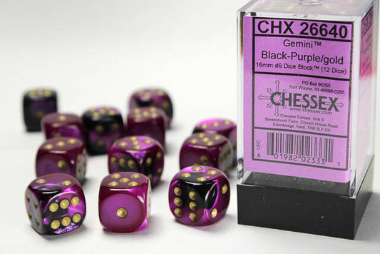 Chessex 16mm D6 Dice Block Gemini Black-Purple/Gold (12 Dice)