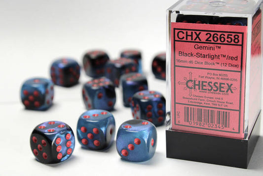 Chessex 16mm D6 Dice Block Gemini Black-Starlight/Red (12 Dice)