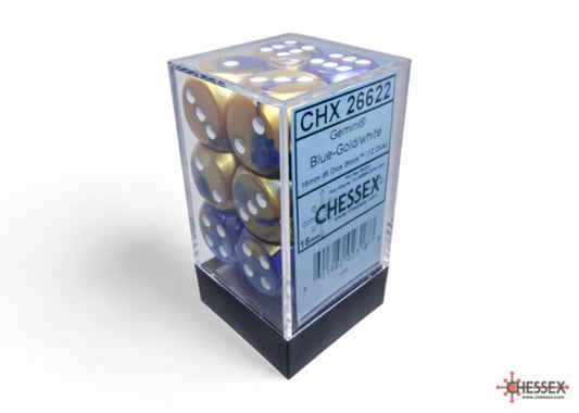 Chessex Gemini 16mm D6 Blue-Gold/White Dice Block (12 dice)