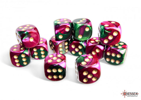 Chessex Gemini 16mm D6 Green-Purple/Gold Dice Block (12 dice)