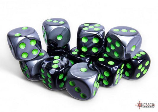 Chessex Gemini 16mm D6 Black-Grey/Green Dice Block (12 dice)