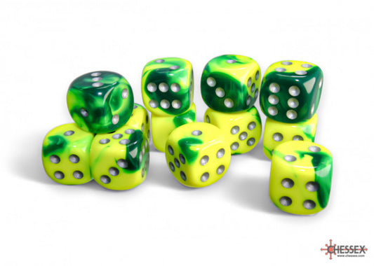 Chessex Gemini 16mm D6 Green-Yellow/Silver Dice Block (12 dice)