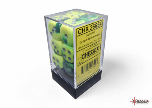 Chessex Gemini 16mm D6 Green-Yellow/Silver Dice Block (12 dice)