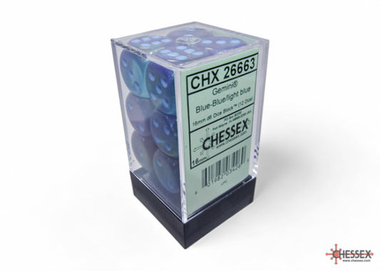 Chessex Gemini 16mm D6 Blue-Blue/Light Blue Luminary Dice Block (12 dice)