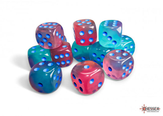 Chessex Gemini 16mm D6 Gel Green-Pink/Blue Luminary Dice Block (12 dice)