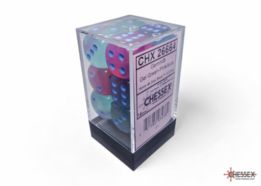 Chessex Gemini 16mm D6 Gel Green-Pink/Blue Luminary Dice Block (12 dice)