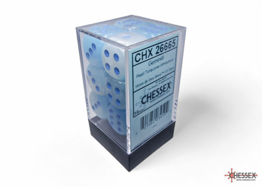 Chessex Gemini 16mm D6 Pearl Turquoise-White/Blue Luminary Dice Block (12 dice)