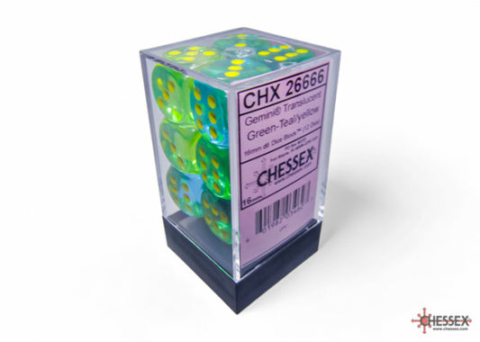 Chessex Gemini 16mm D6 Translucent Green-Teal/Yellow Dice Block (12 dice)