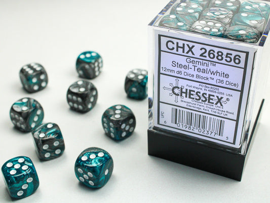 Chessex Gemini 12mm D6 Steel-Teal/white Dice Block (36 dice)