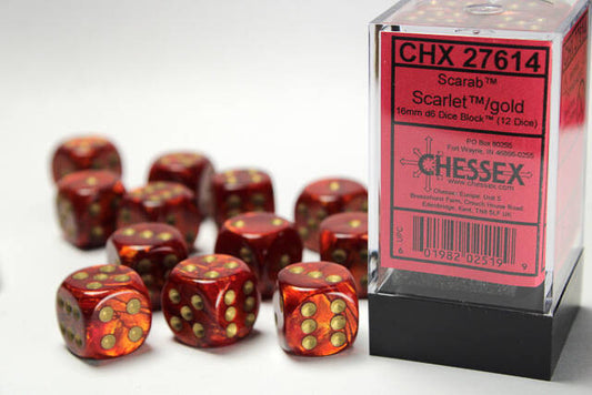 Chessex 16mm D6 Dice Block Scarab Scarlet/Gold (12 dice)