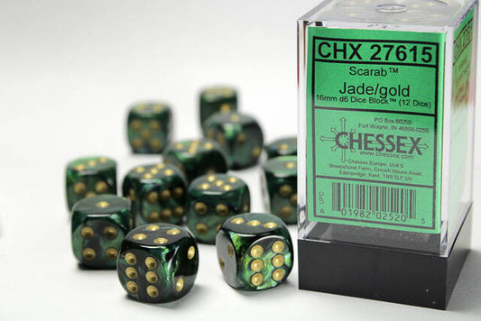 Chessex 16mm D6 Dice Block Scarab Jade/Gold (12 Dice)