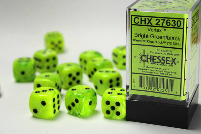Chessex 16mm D6 Dice Block Vortex Bright Green/Black (12 dice)
