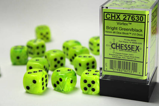 Chessex 16mm D6 Dice Block Vortex Bright Green/Black (12 dice)