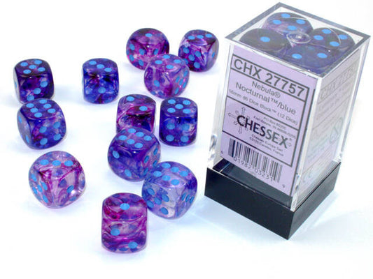 Chessex 16mm D6 Dice Block Nebula Nocturna/Blue (Luminary Effect) (12 dice)