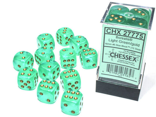 Chessex 16mm D6 Dice Block Borealis Light Green/Gold (Luminary Effect) (12 Dice)