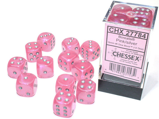 Chessex Borealis 16mm D6 Pink/Silver Luminary Dice Block (12 dice)