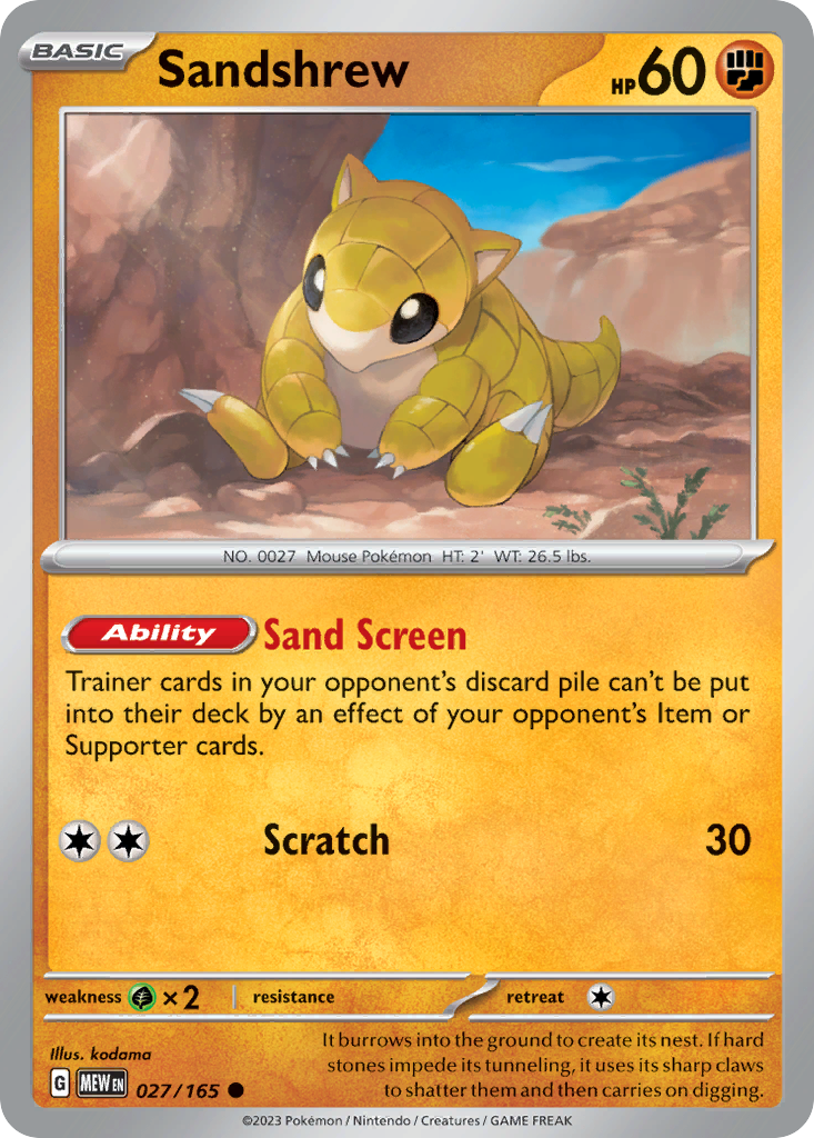 Sandshrew 027/165 Common Reverse Holo 151 NM/M