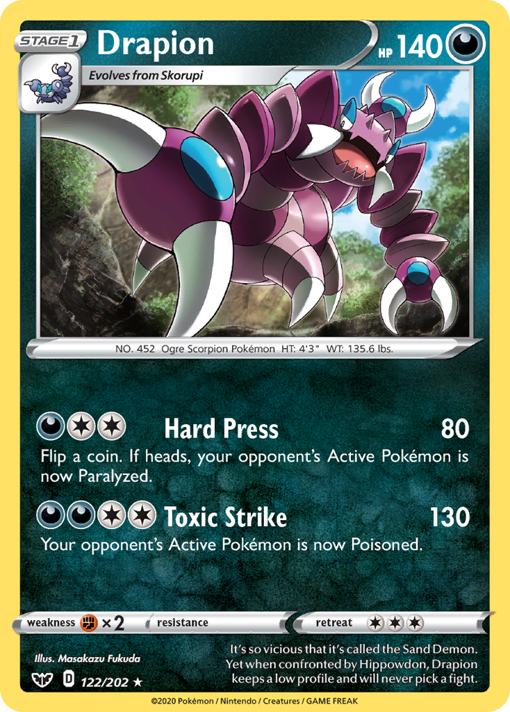 Drapion 122/202 Rare Reverse Holo Sword & Shield NM/LP