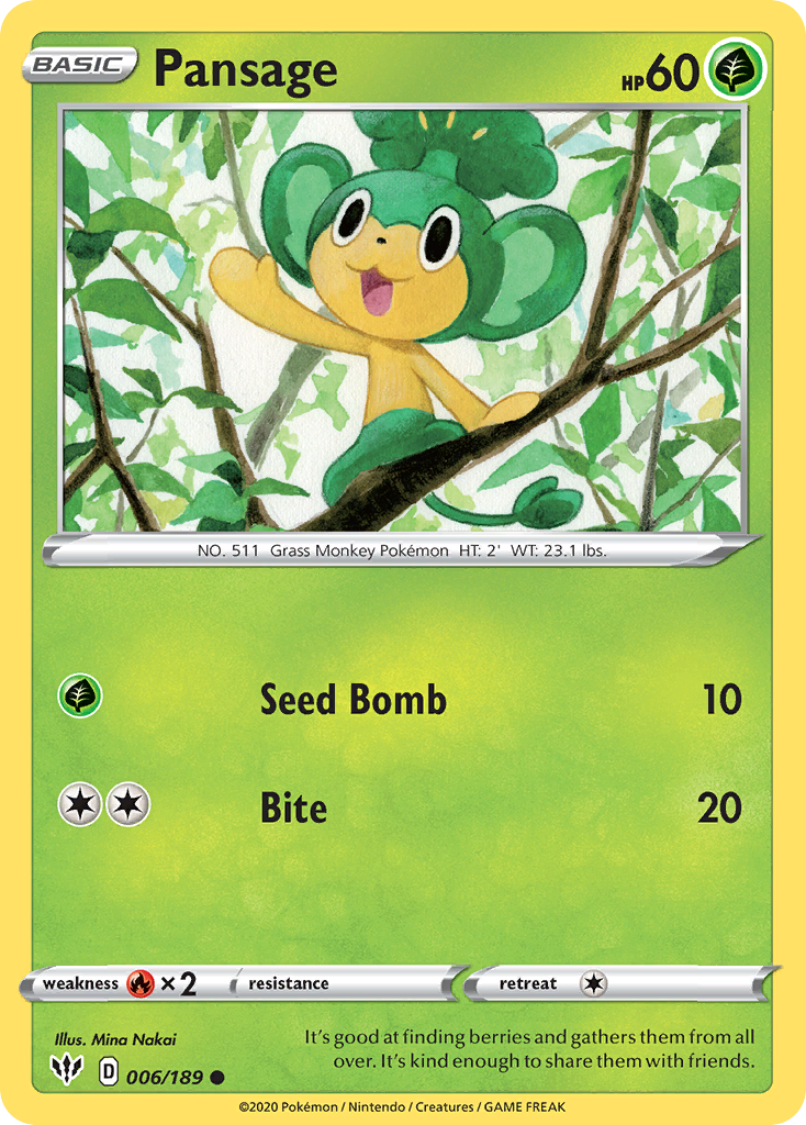Pansage 006/189 Common Reverse Holo Darkness Ablaze NM/LP