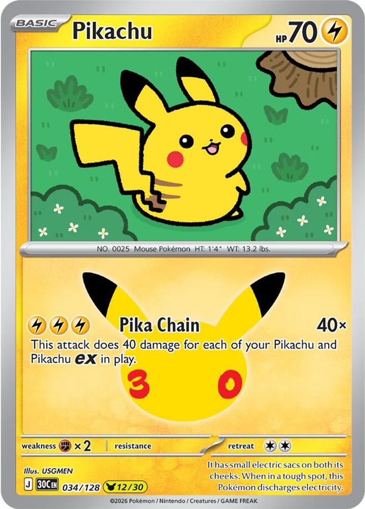 Pikachu 034/128 Pikachu Rare ME: 30th Celebration Holo NM/M
