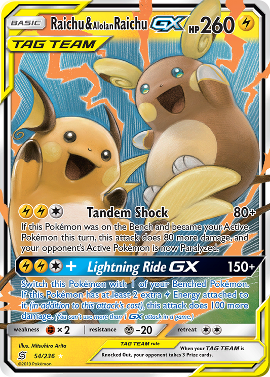 Raichu & Alolan Raichu GX 54/236 GX Rare Unified Minds Holo NM/M