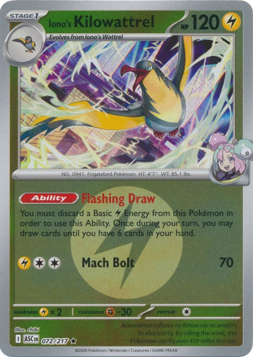 Iono's Kilowattrel (Energy Symbol Pattern) 072/217 Reverse Holo Ascended Heroes NM/M