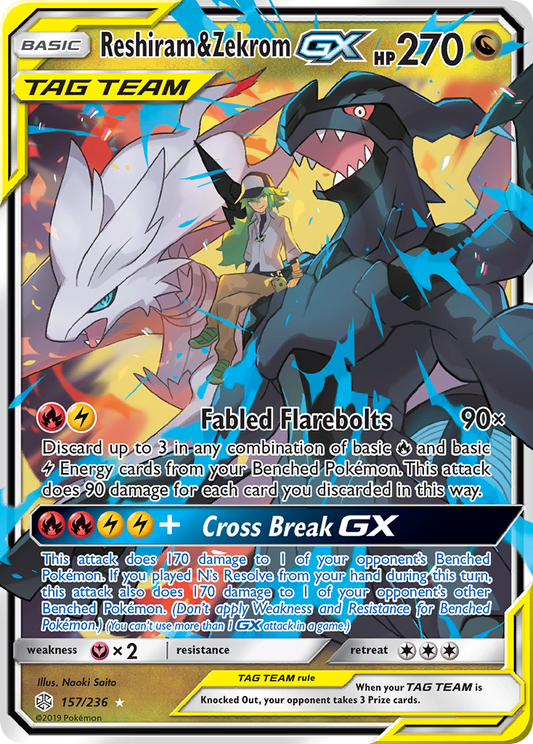 Reshiram & Zekrom GX 157/236 GX Rare Cosmic Eclipse Holo NM/M
