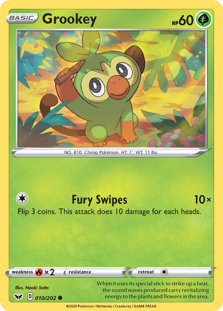 Grookey 010/202 Common Reverse Holo Sword & Shield NM/LP