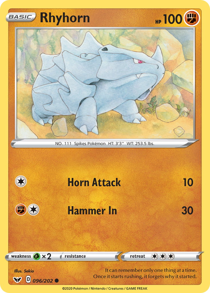 Rhyhorn 096/202 Common Reverse Holo Sword & Shield NM/LP