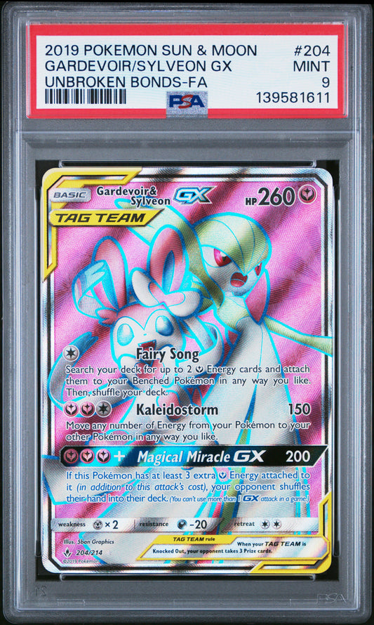 PSA 9 2019 POKEMON SUN & MOON UNBROKEN BONDS #204 GARDEVOIR/SYLVEON GX UNBROKEN BONDS-FA 139581611